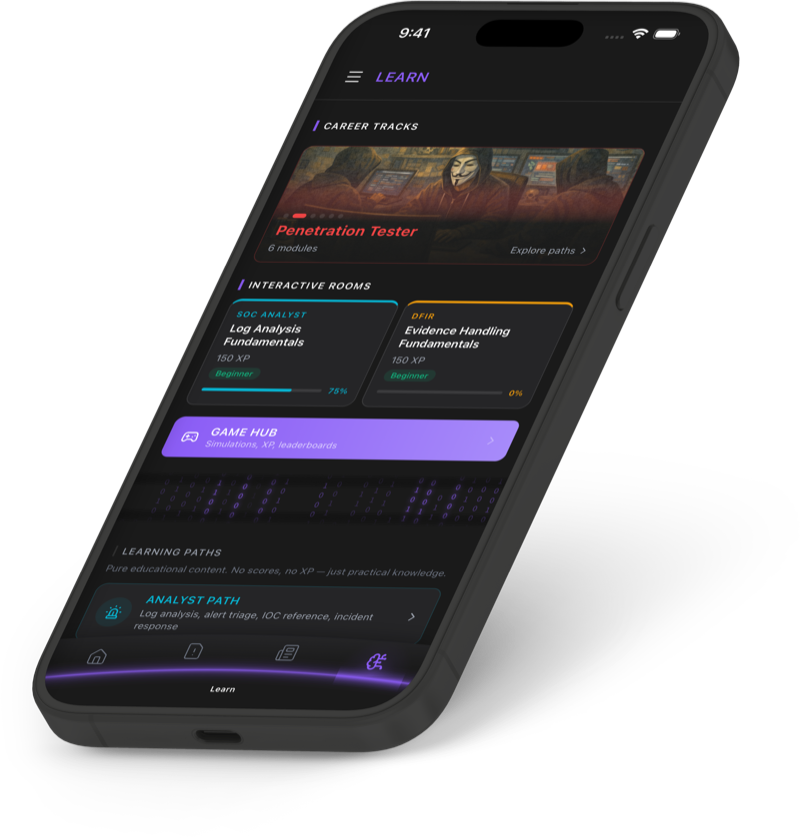 3D iPhone mockup showing Learn screen with career paths, XP tracking, and structured security learning