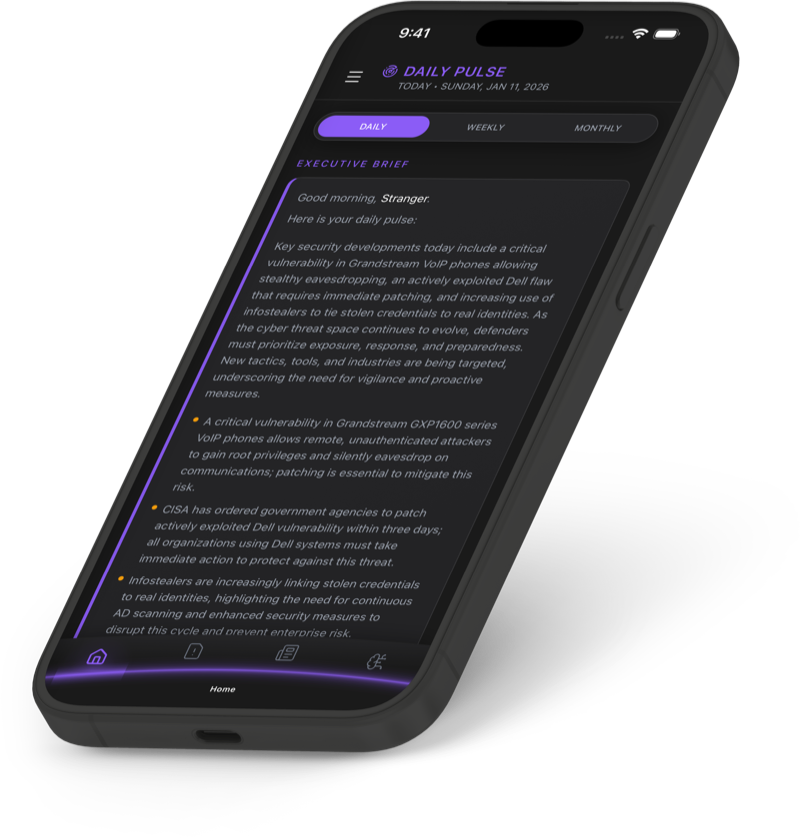 3D iPhone mockup showing Pulse daily briefing screen with executive summary, CVE counts, and threat intelligence